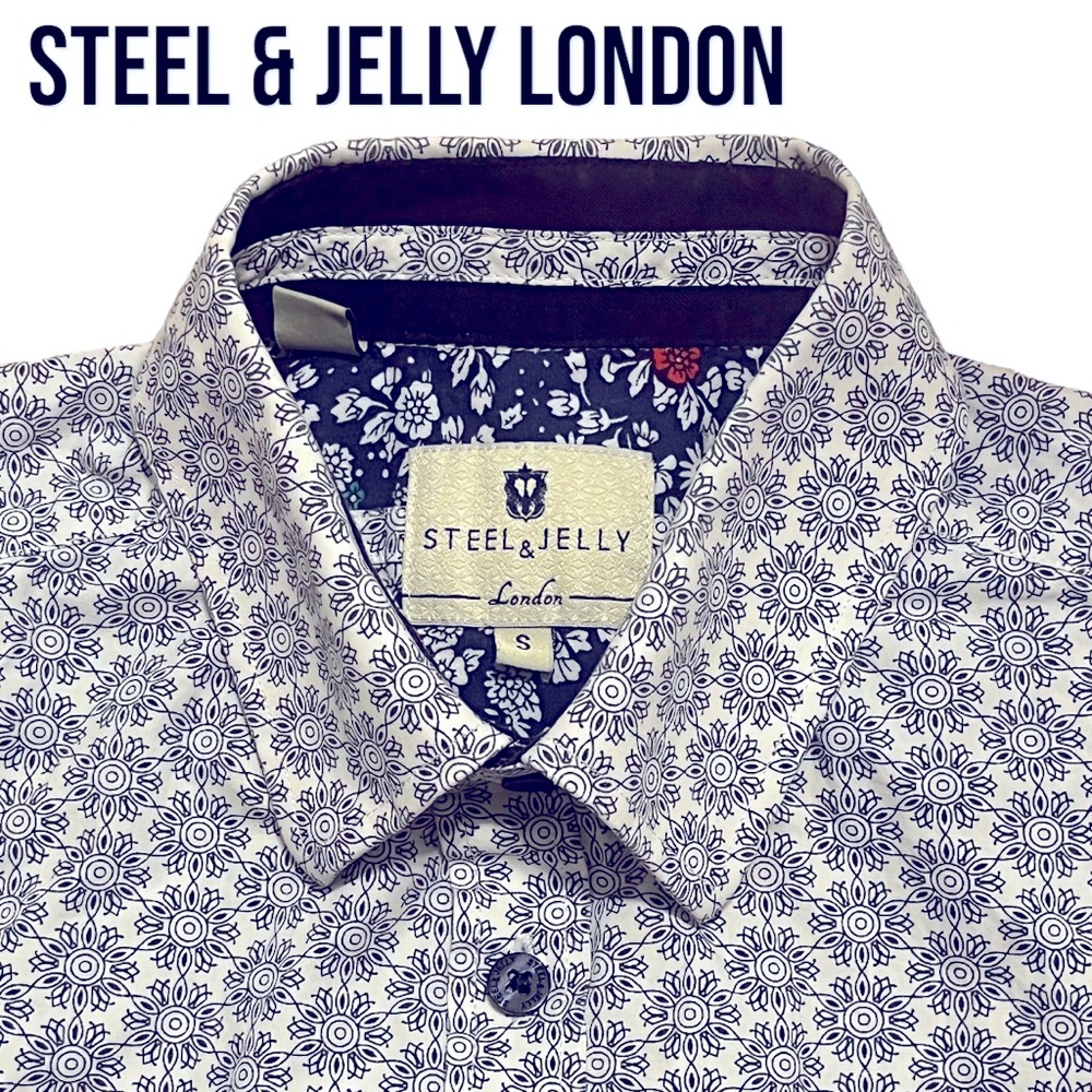 Steel & Jelly London SHORT SLEEVE FLORAL BUTTON DOWN SHIRT Small BLUE WHITE EUC